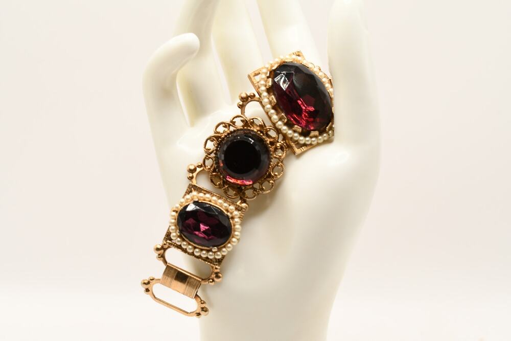 Vintage Topaz Garnet Glass Faux Pearl Ornate Bracelet Gold Tone 1950s